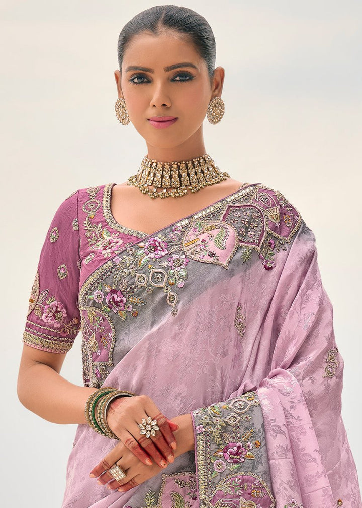 Lavender Purple Viscose Silk Saree with Intricate Cutwork & Embroidery - House of Sarvati LLC