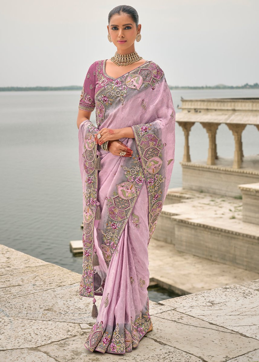Lavender Purple Viscose Silk Saree with Intricate Cutwork & Embroidery - House of Sarvati LLC
