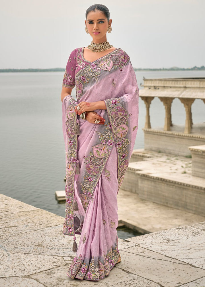 Lavender Purple Viscose Silk Saree with Intricate Cutwork & Embroidery - House of Sarvati LLC