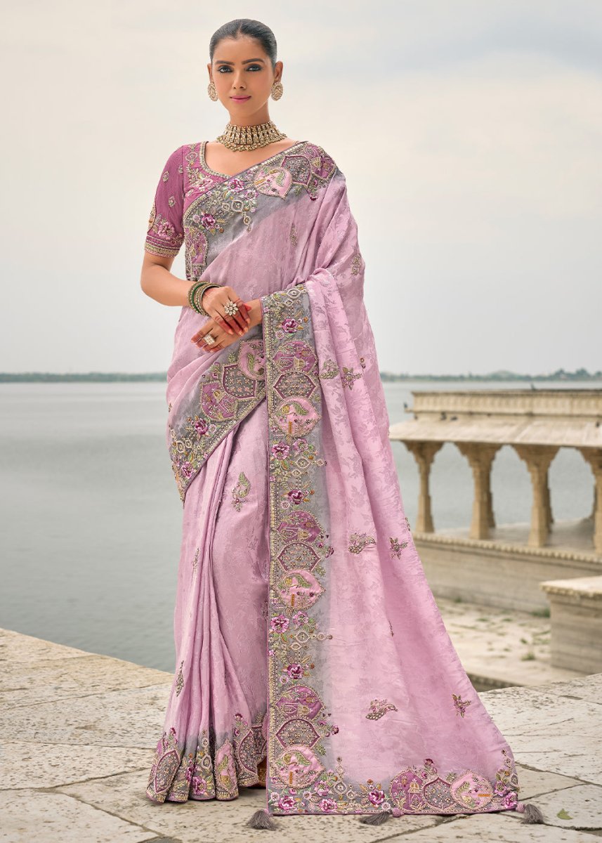 Lavender Purple Viscose Silk Saree with Intricate Cutwork & Embroidery - House of Sarvati LLC