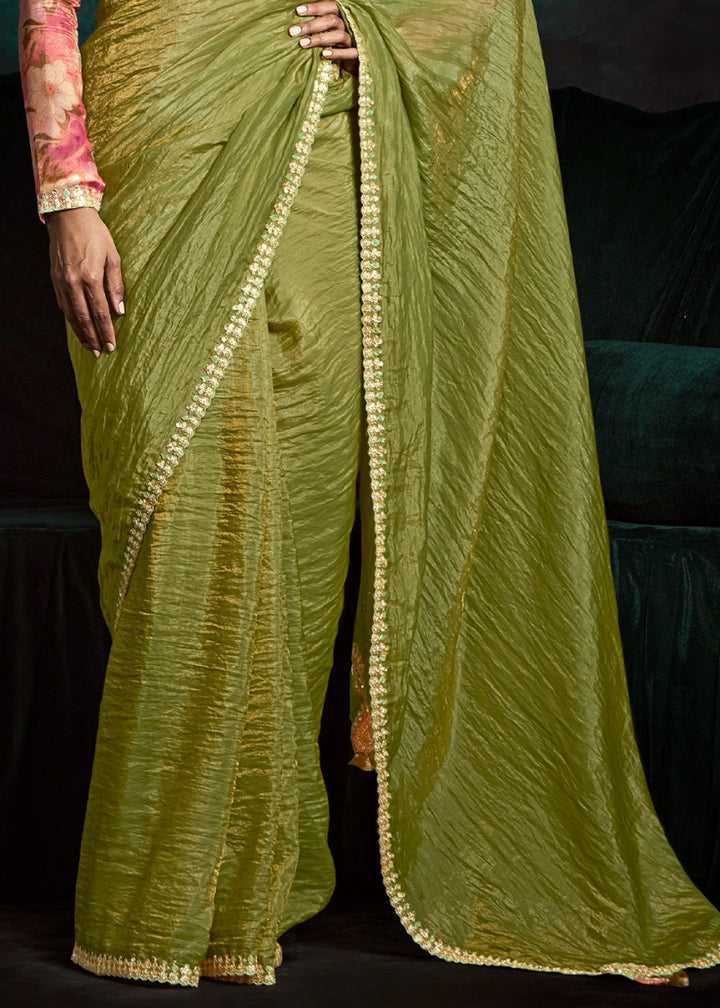 Lawn Green Tissue Saree with Dhaga,Thread & Sequin Embellishments - House of Sarvati LLC