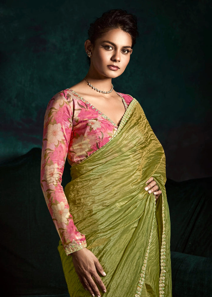 Lawn Green Tissue Saree with Dhaga,Thread & Sequin Embellishments - House of Sarvati LLC