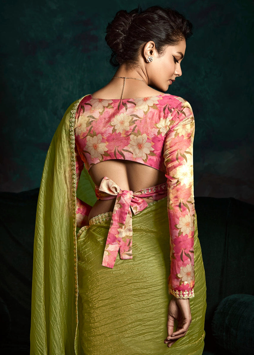 Lawn Green Tissue Saree with Dhaga,Thread & Sequin Embellishments - House of Sarvati LLC