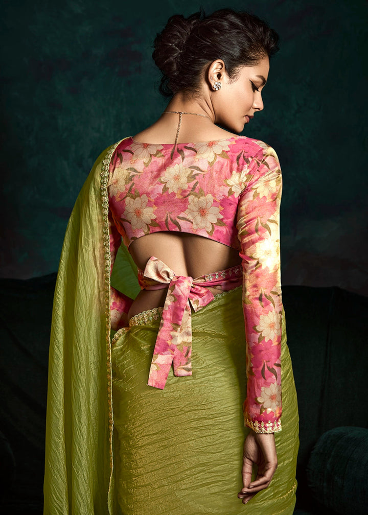 Lawn Green Tissue Saree with Dhaga,Thread & Sequin Embellishments - House of Sarvati LLC