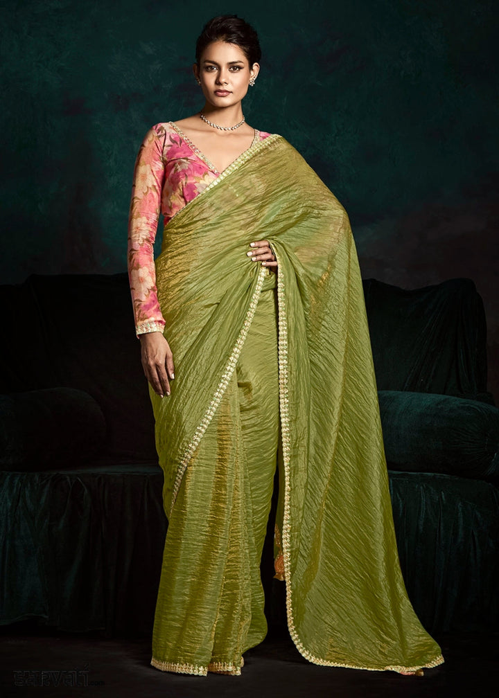 Lawn Green Tissue Saree with Dhaga,Thread & Sequin Embellishments - House of Sarvati LLC
