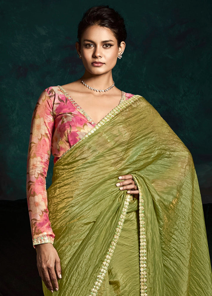 Lawn Green Tissue Saree with Dhaga,Thread & Sequin Embellishments - House of Sarvati LLC