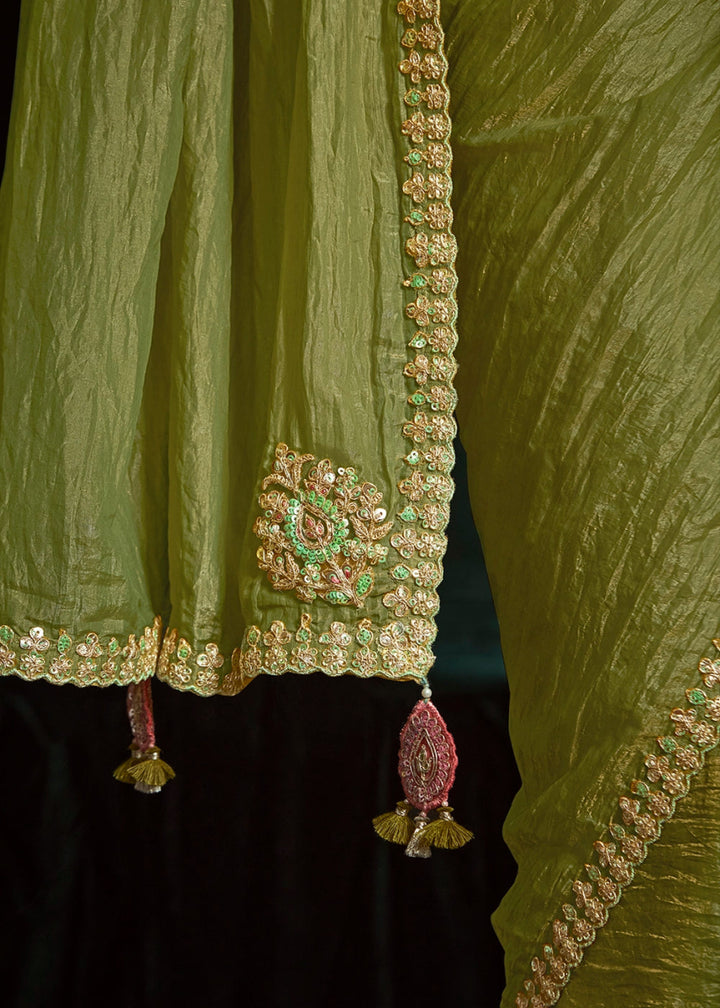 Lawn Green Tissue Saree with Dhaga,Thread & Sequin Embellishments - House of Sarvati LLC