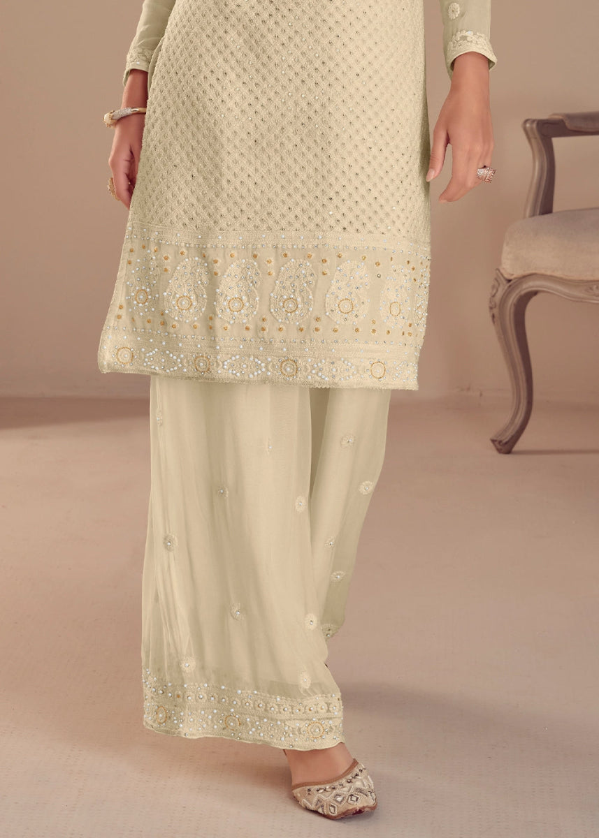 Leek White Embroidered Palazzo Suit in Soft Georgette - House of Sarvati LLC