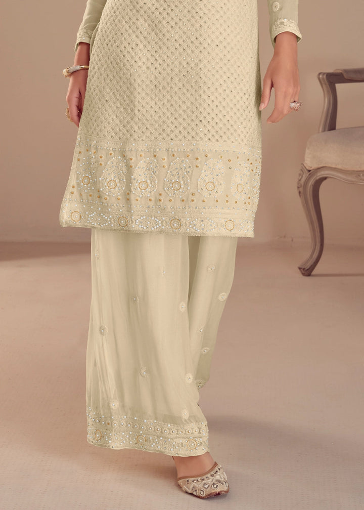 Leek White Embroidered Palazzo Suit in Soft Georgette - House of Sarvati LLC