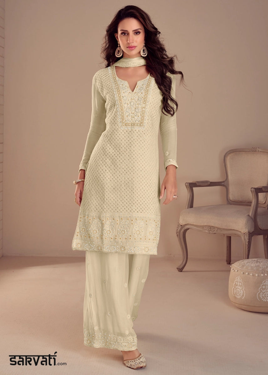 Leek White Embroidered Palazzo Suit in Soft Georgette - House of Sarvati LLC