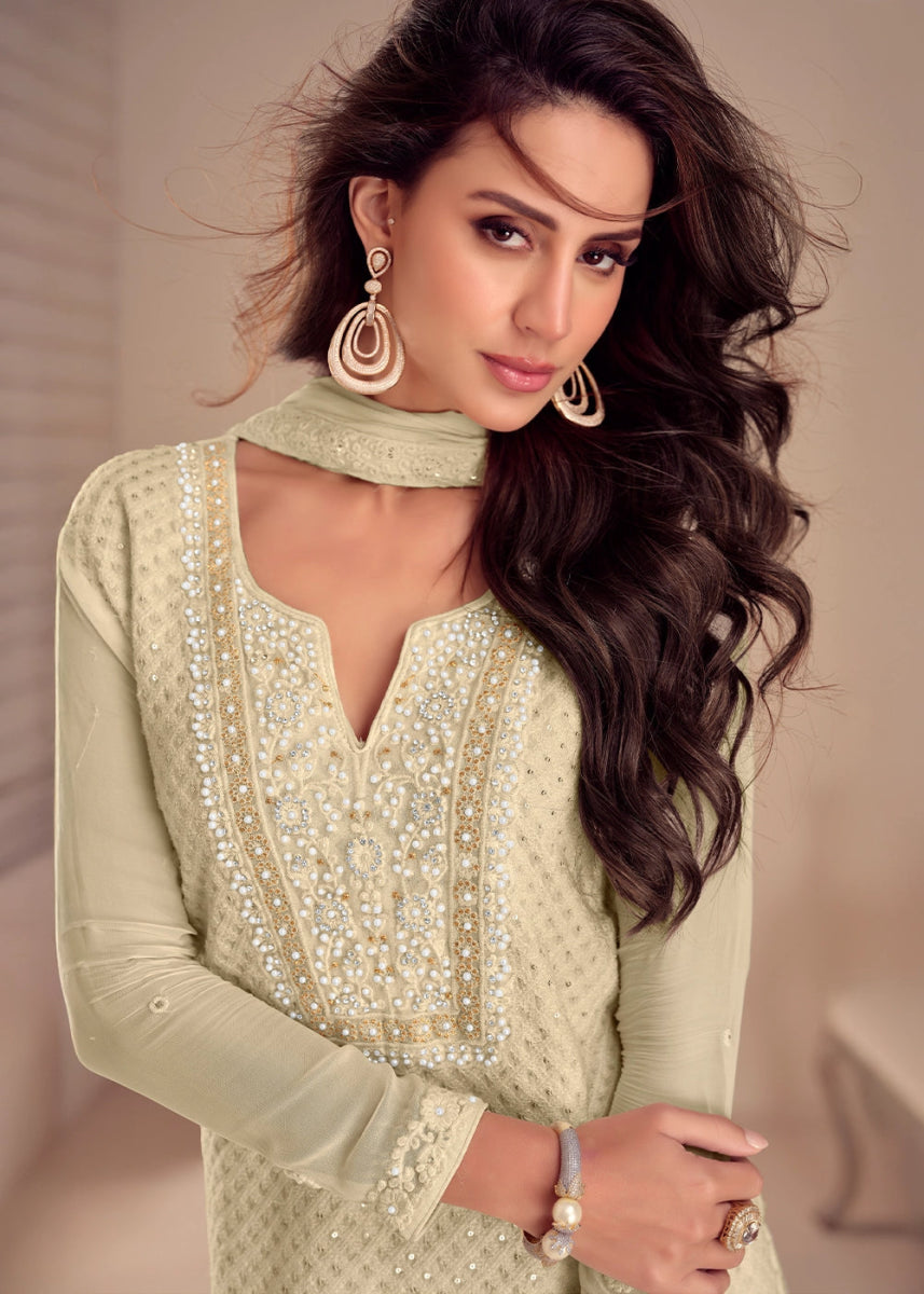 Leek White Embroidered Palazzo Suit in Soft Georgette - House of Sarvati LLC