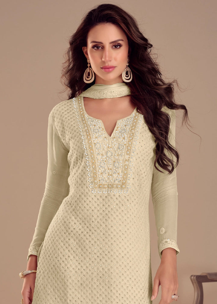 Leek White Embroidered Palazzo Suit in Soft Georgette - House of Sarvati LLC