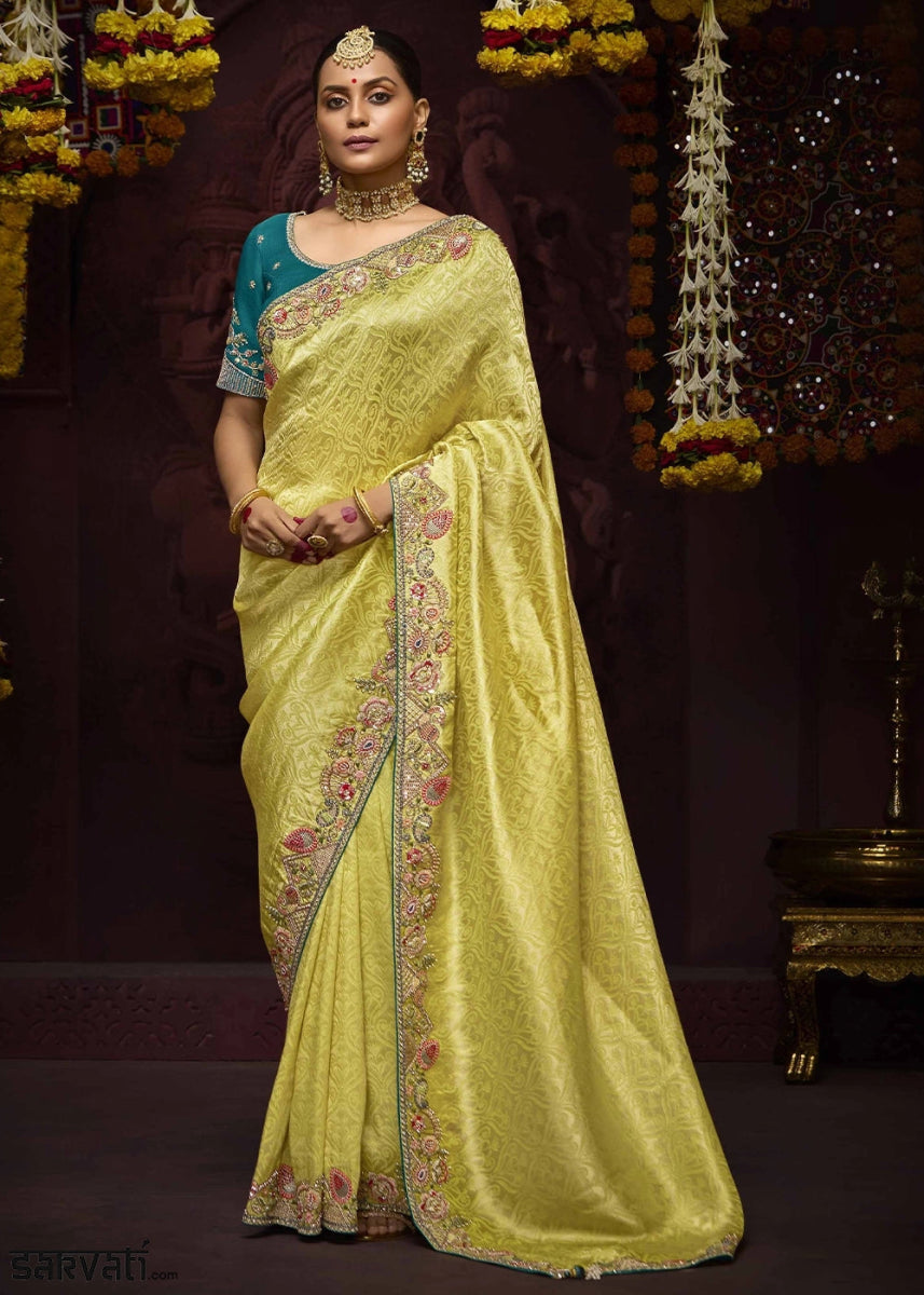 Lemon Yellow Kanjivaram Silk Saree with Intricate Zari, Khatli, Sequin & Pearl Embroidery - House of Sarvati LLC