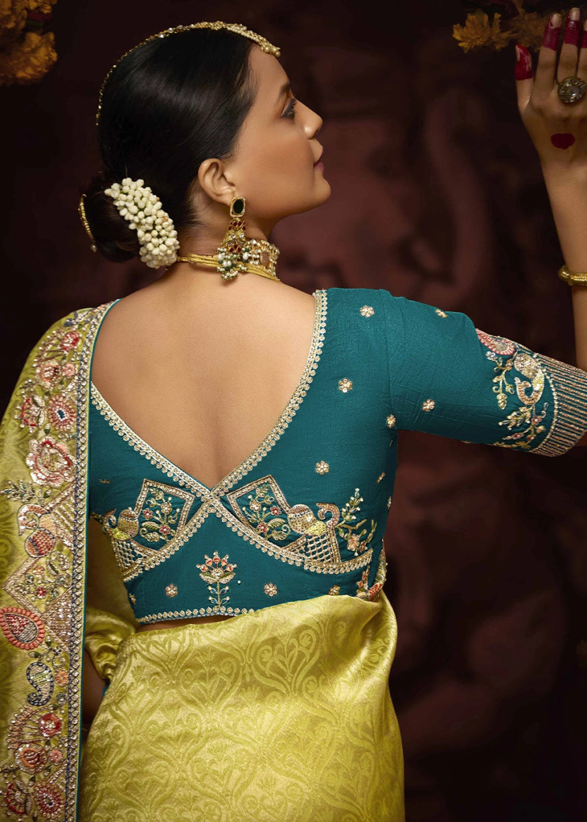 Lemon Yellow Kanjivaram Silk Saree with Intricate Zari, Khatli, Sequin & Pearl Embroidery - House of Sarvati LLC