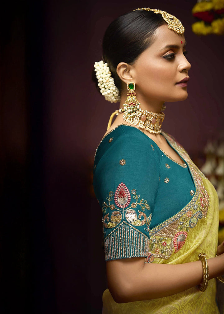 Lemon Yellow Kanjivaram Silk Saree with Intricate Zari, Khatli, Sequin & Pearl Embroidery - House of Sarvati LLC