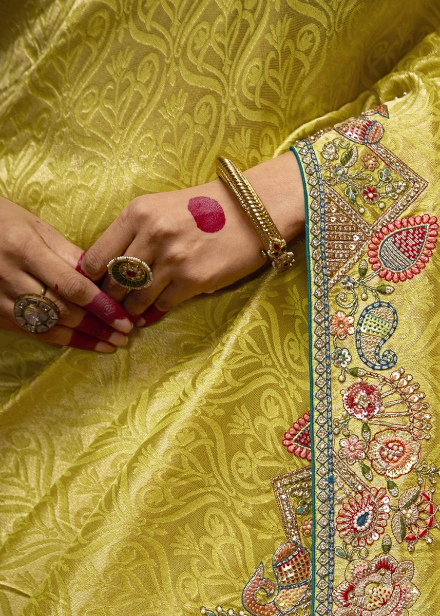 Lemon Yellow Kanjivaram Silk Saree with Intricate Zari, Khatli, Sequin & Pearl Embroidery - House of Sarvati LLC