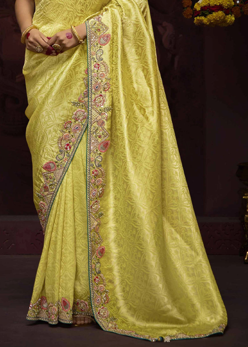 Lemon Yellow Kanjivaram Silk Saree with Intricate Zari, Khatli, Sequin & Pearl Embroidery - House of Sarvati LLC