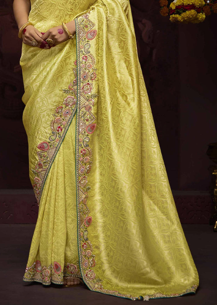 Lemon Yellow Kanjivaram Silk Saree with Intricate Zari, Khatli, Sequin & Pearl Embroidery - House of Sarvati LLC