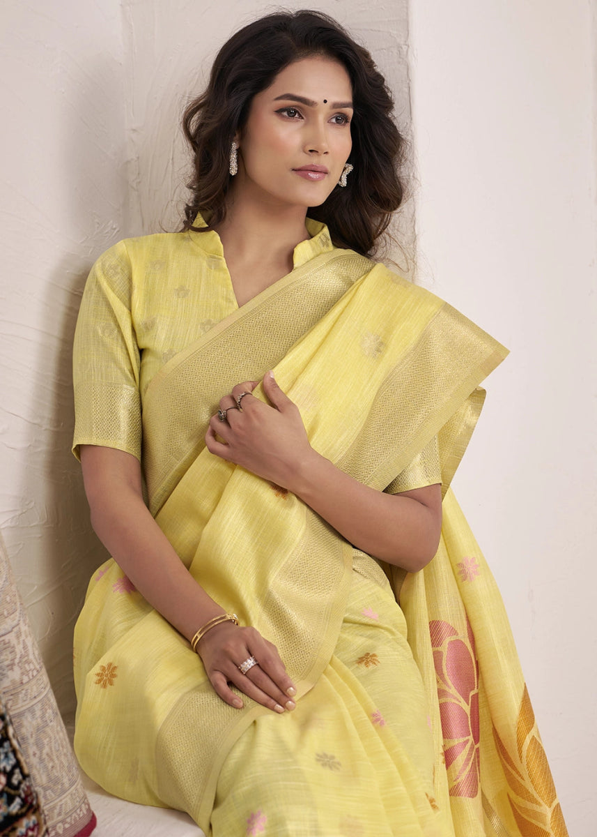 Lemon Yellow Saree in Linen Silk with Artistic Floral Jacquard Pallu - House of Sarvati LLC