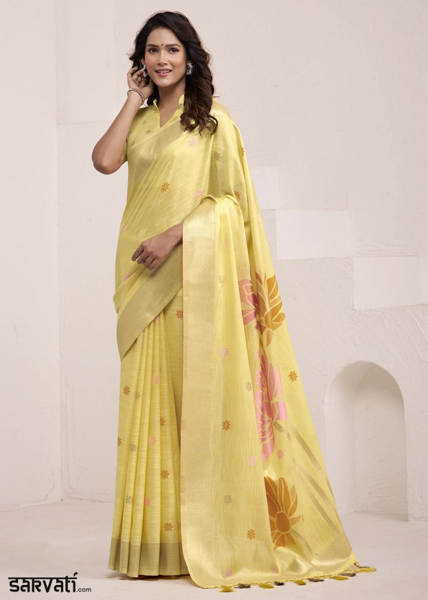 Lemon Yellow Saree in Linen Silk with Artistic Floral Jacquard Pallu - House of Sarvati LLC