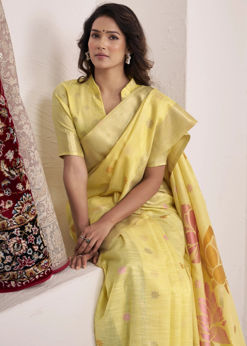 Lemon Yellow Saree in Linen Silk with Artistic Floral Jacquard Pallu - House of Sarvati LLC