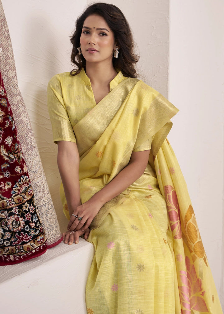 Lemon Yellow Saree in Linen Silk with Artistic Floral Jacquard Pallu - House of Sarvati LLC