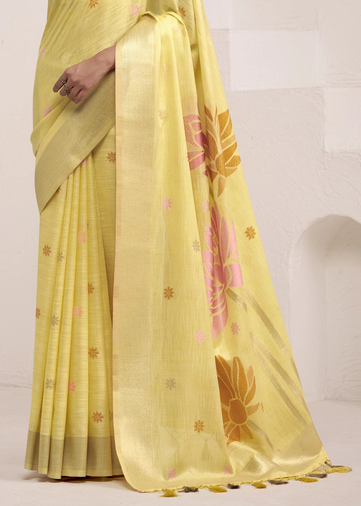 Lemon Yellow Saree in Linen Silk with Artistic Floral Jacquard Pallu - House of Sarvati LLC