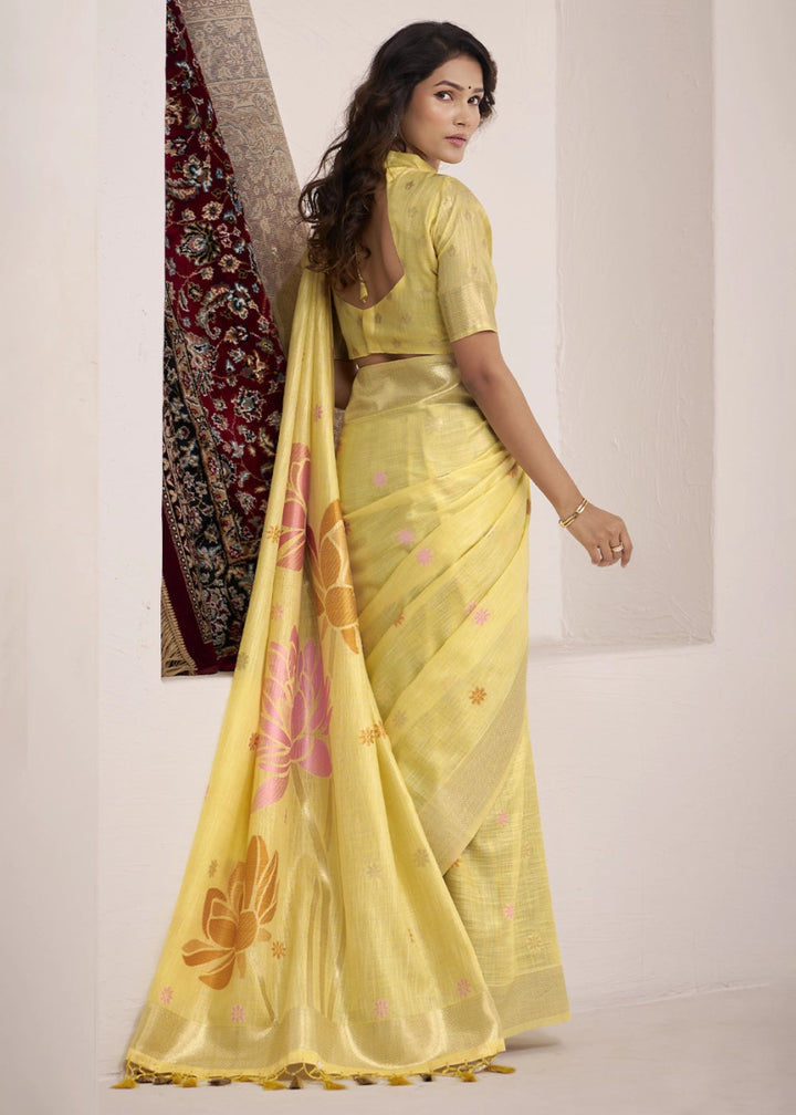 Lemon Yellow Saree in Linen Silk with Artistic Floral Jacquard Pallu - House of Sarvati LLC