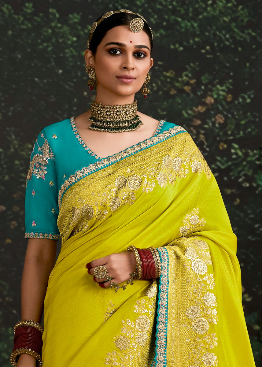 Lemon Yellow Zari Woven Dola Silk Saree with Embroidery Detailing - House of Sarvati LLC
