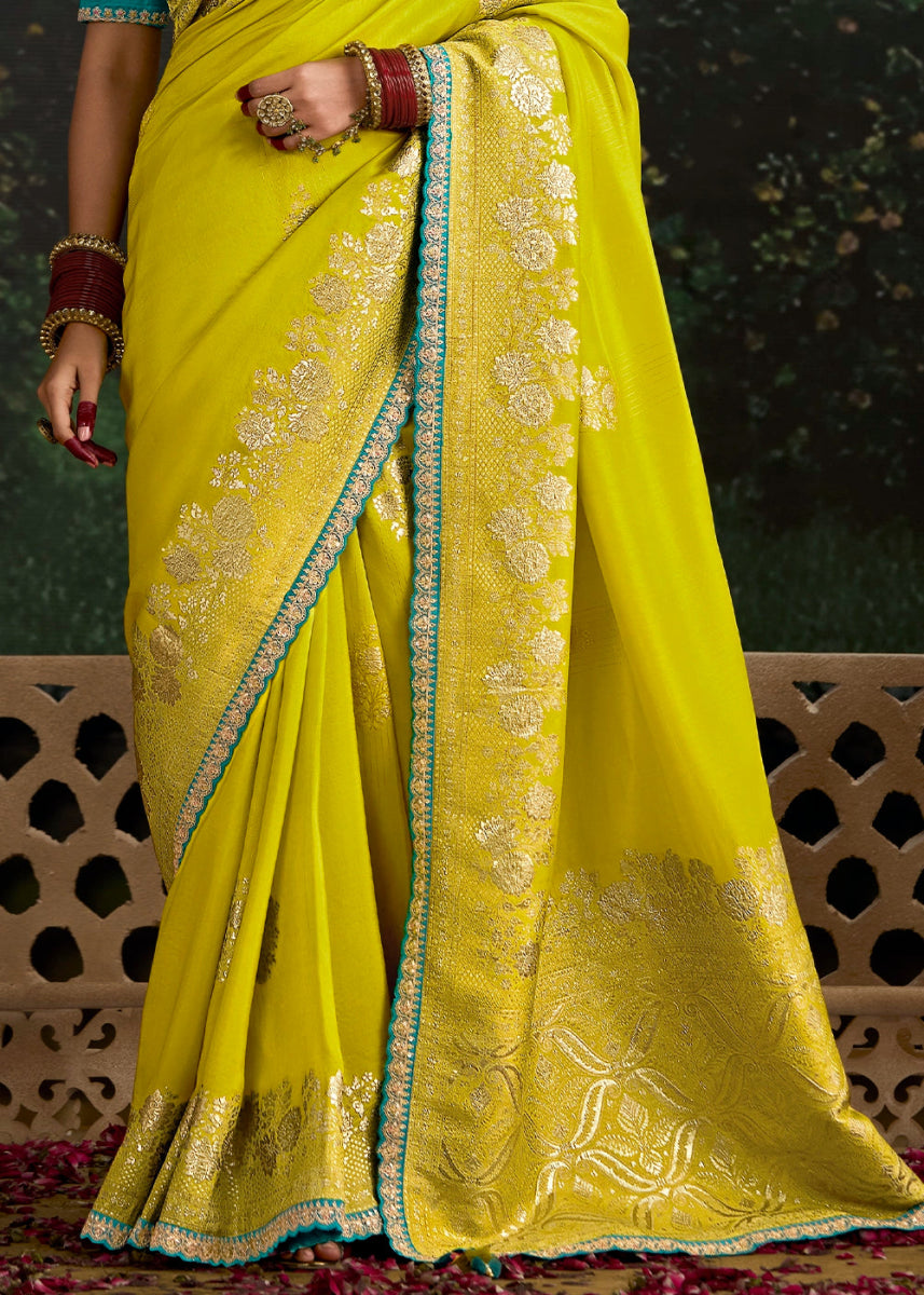 Lemon Yellow Zari Woven Dola Silk Saree with Embroidery Detailing - House of Sarvati LLC