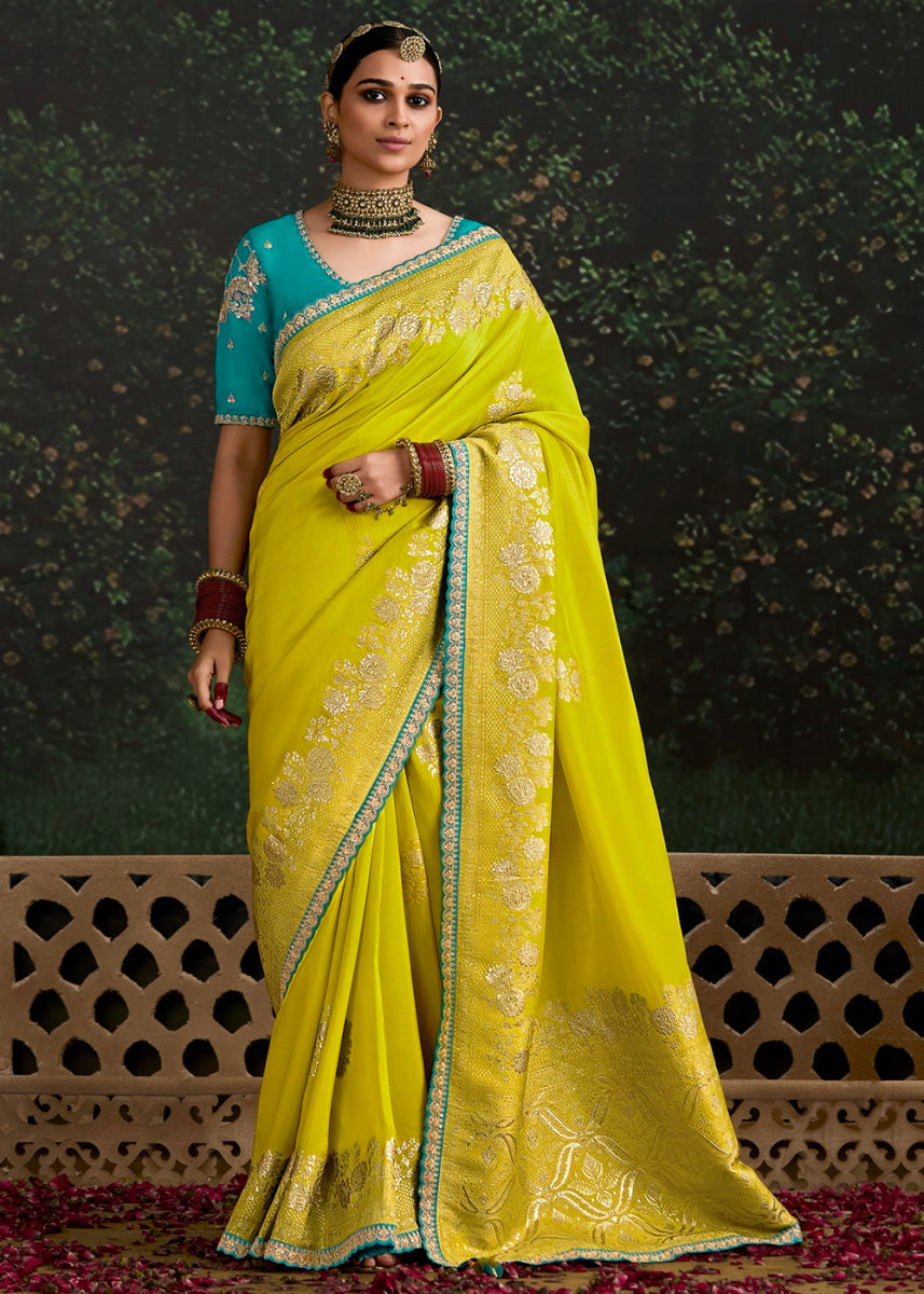 Lemon Yellow Zari Woven Dola Silk Saree with Embroidery Detailing - House of Sarvati LLC