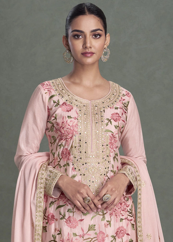 Lemonade Pink Chinon Silk Palazzo Suit with Delicate Floral Work - House of Sarvati LLC