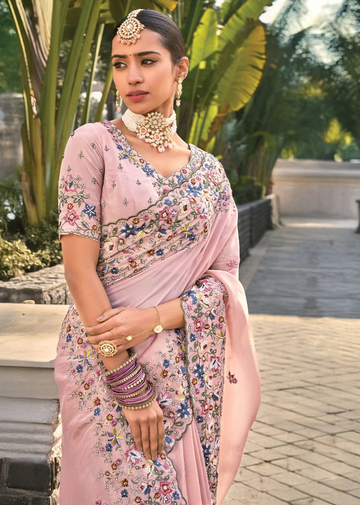 Lemonade Pink Crepe Silk Saree with Intricate Zarkan, Moti & Thread Embroidery - House of Sarvati LLC