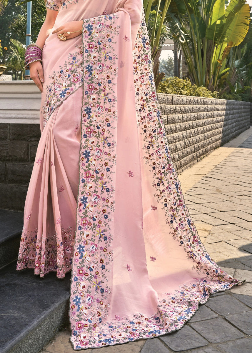 Lemonade Pink Crepe Silk Saree with Intricate Zarkan, Moti & Thread Embroidery - House of Sarvati LLC