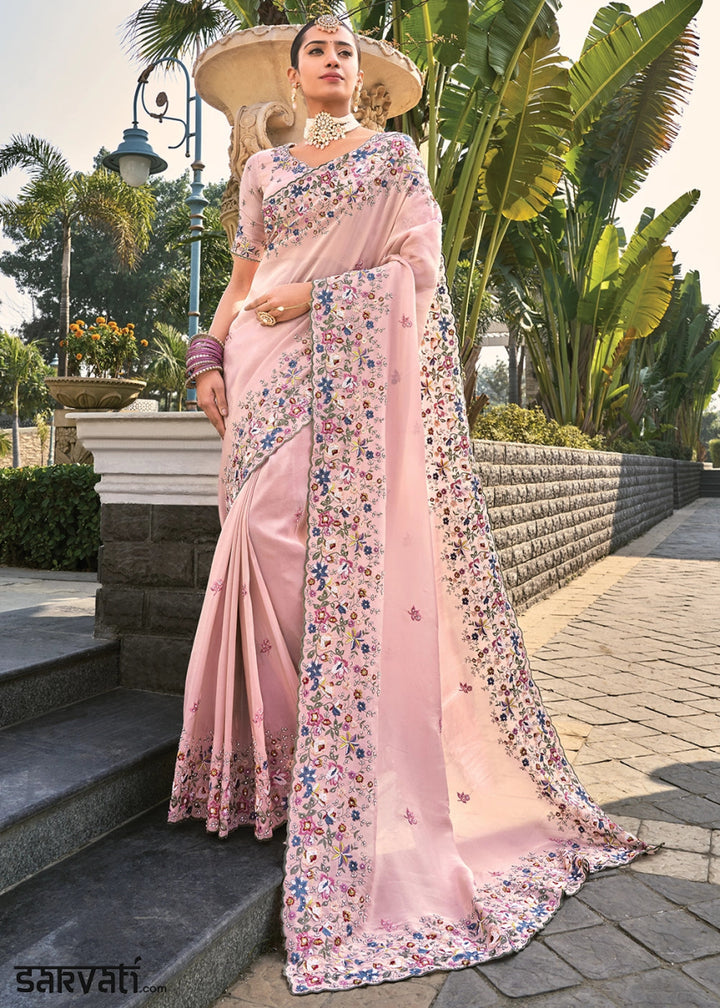 Lemonade Pink Crepe Silk Saree with Intricate Zarkan, Moti & Thread Embroidery - House of Sarvati LLC