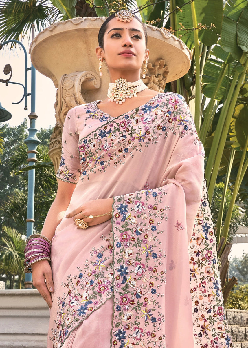 Lemonade Pink Crepe Silk Saree with Intricate Zarkan, Moti & Thread Embroidery - House of Sarvati LLC