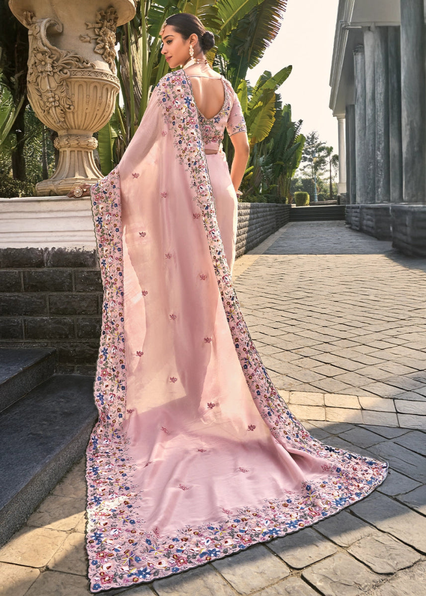 Lemonade Pink Crepe Silk Saree with Intricate Zarkan, Moti & Thread Embroidery - House of Sarvati LLC