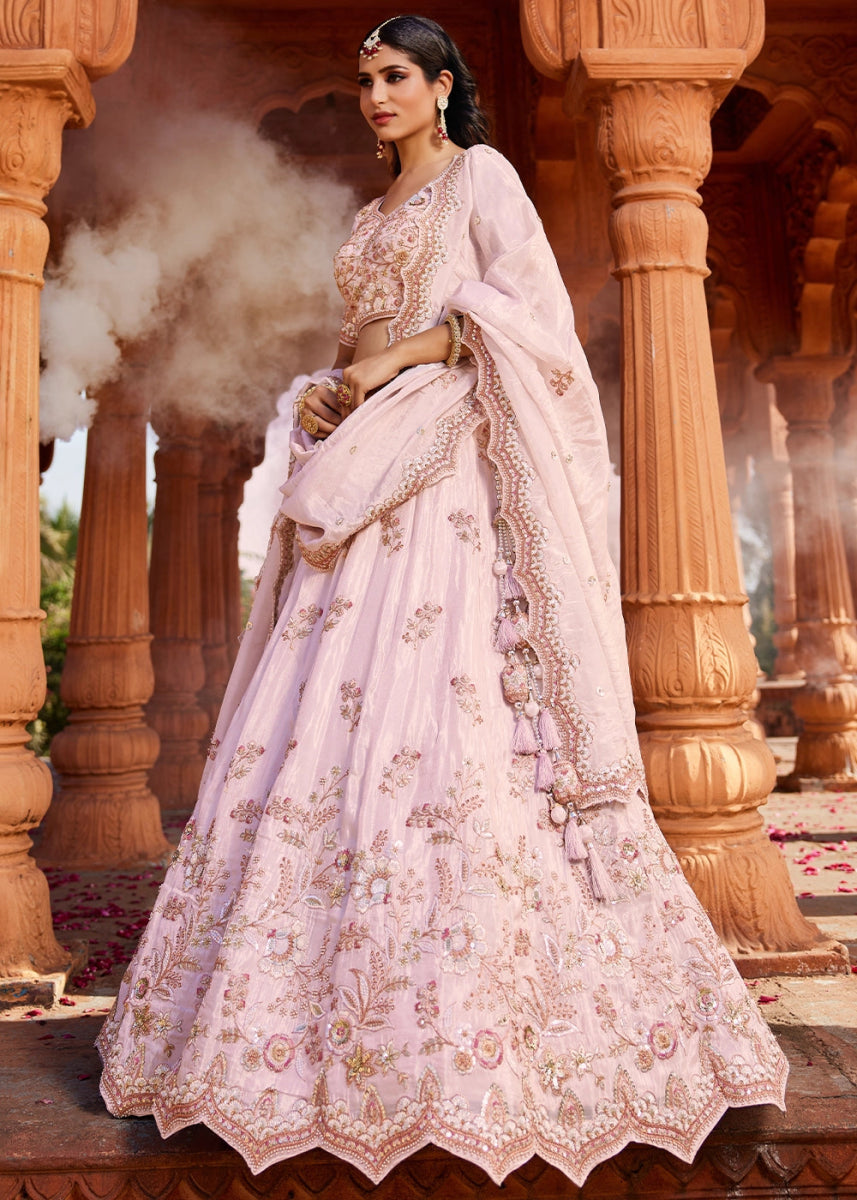 Lemonade Pink Tissue Lehenga with Ornate Beads & Stone Handwork - House of Sarvati LLC