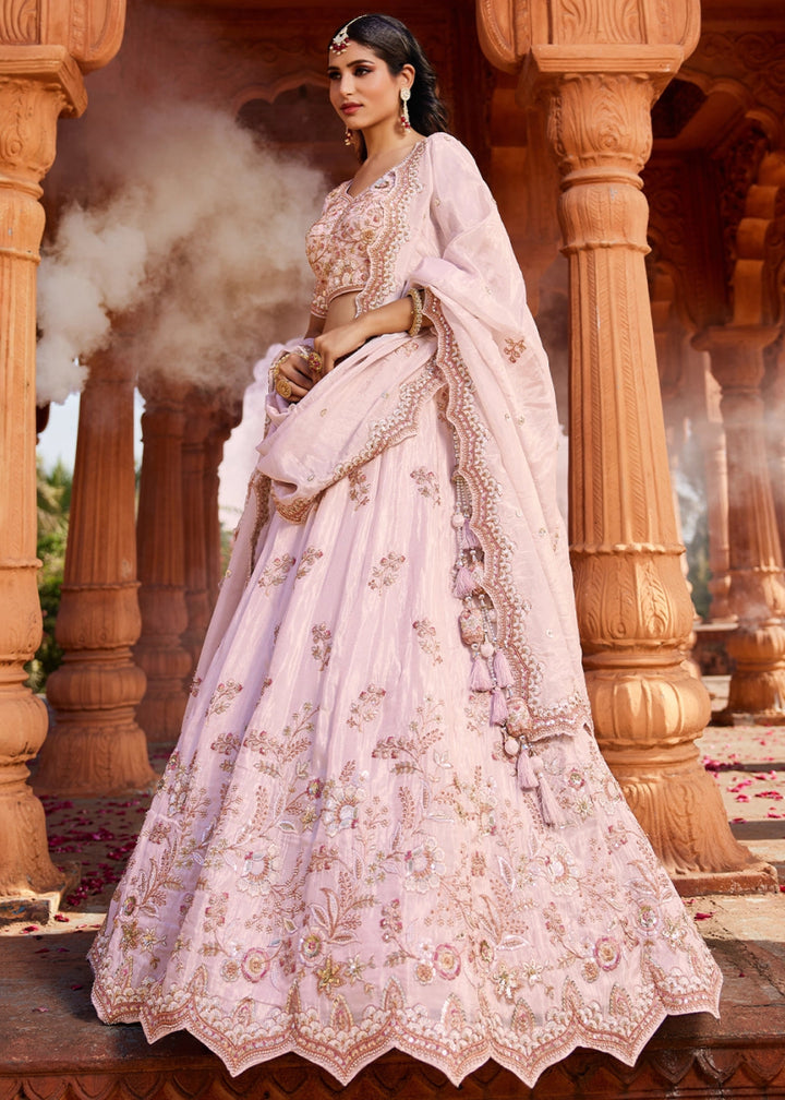 Lemonade Pink Tissue Lehenga with Ornate Beads & Stone Handwork - House of Sarvati LLC