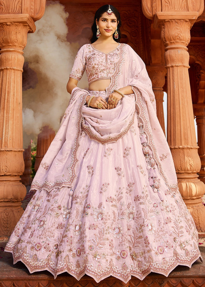 Lemonade Pink Tissue Lehenga with Ornate Beads & Stone Handwork - House of Sarvati LLC