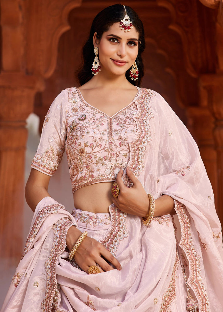 Lemonade Pink Tissue Lehenga with Ornate Beads & Stone Handwork - House of Sarvati LLC