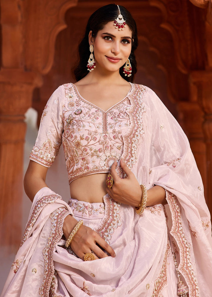 Lemonade Pink Tissue Lehenga with Ornate Beads & Stone Handwork - House of Sarvati LLC