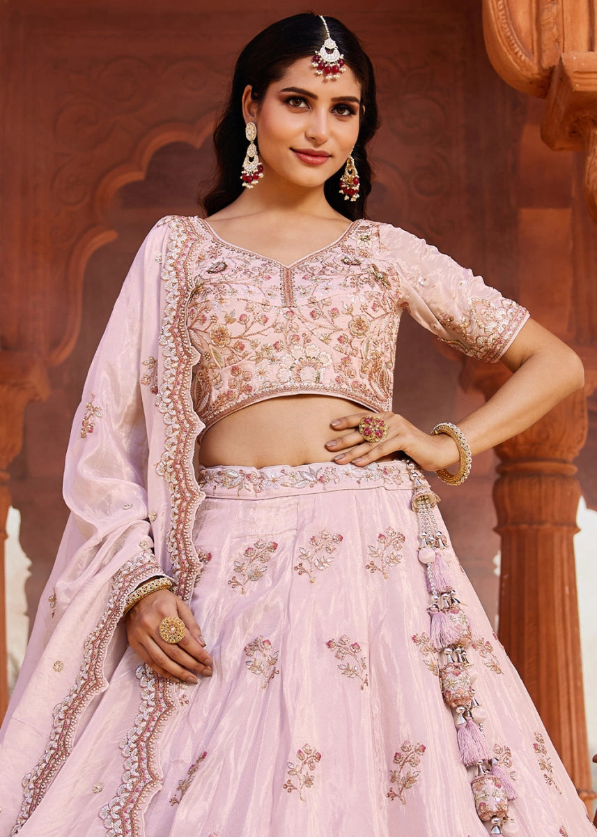 Lemonade Pink Tissue Lehenga with Ornate Beads & Stone Handwork - House of Sarvati LLC