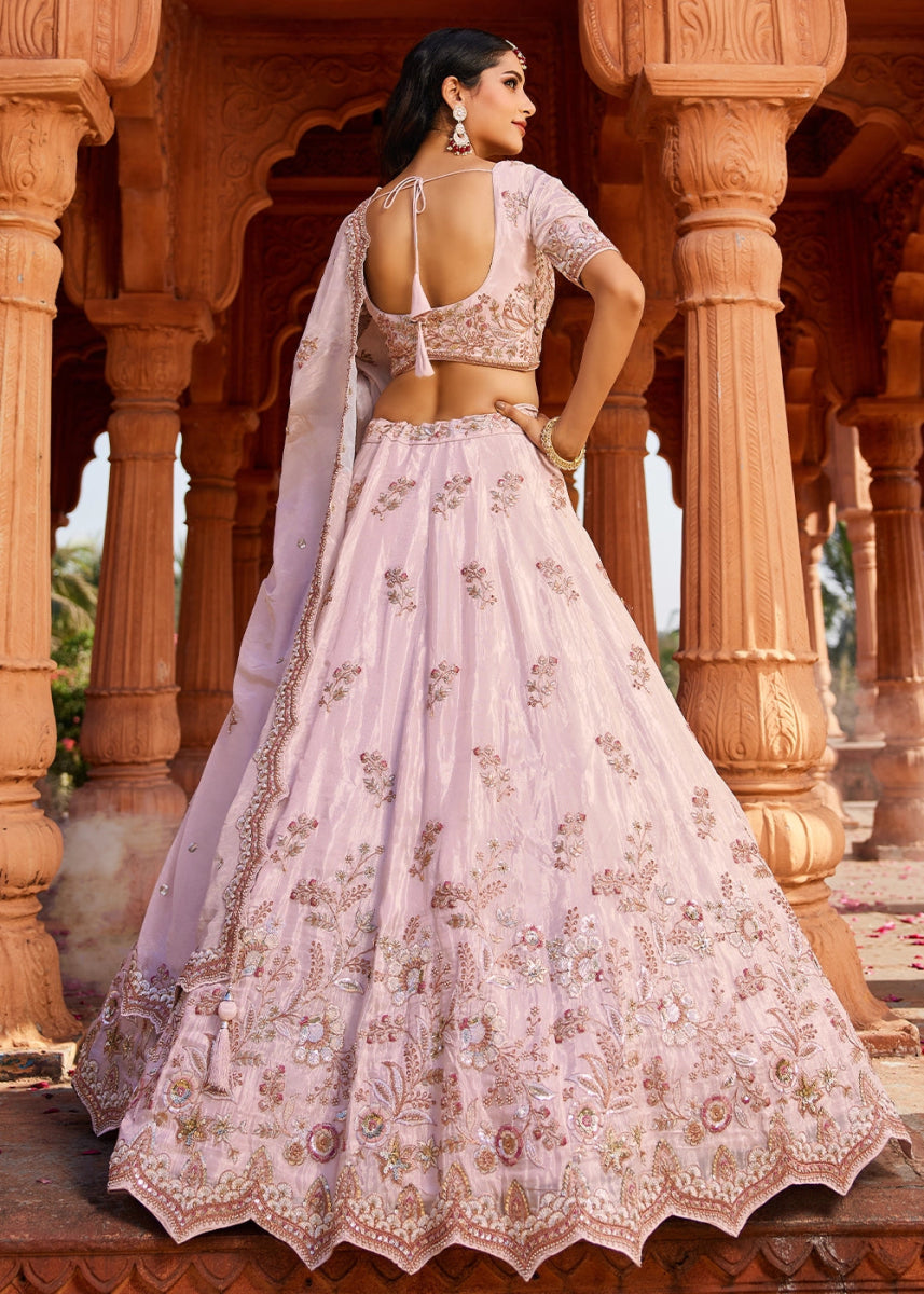 Lemonade Pink Tissue Lehenga with Ornate Beads & Stone Handwork - House of Sarvati LLC