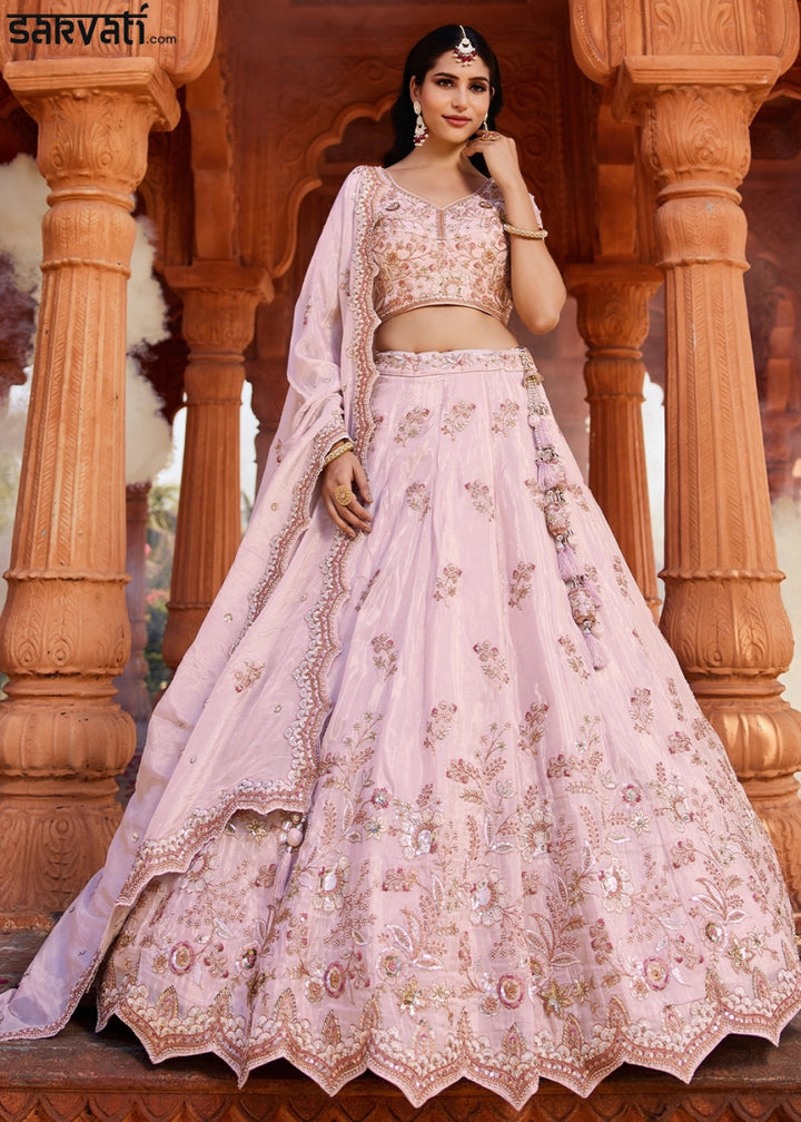 Lemonade Pink Tissue Lehenga with Ornate Beads & Stone Handwork - House of Sarvati LLC