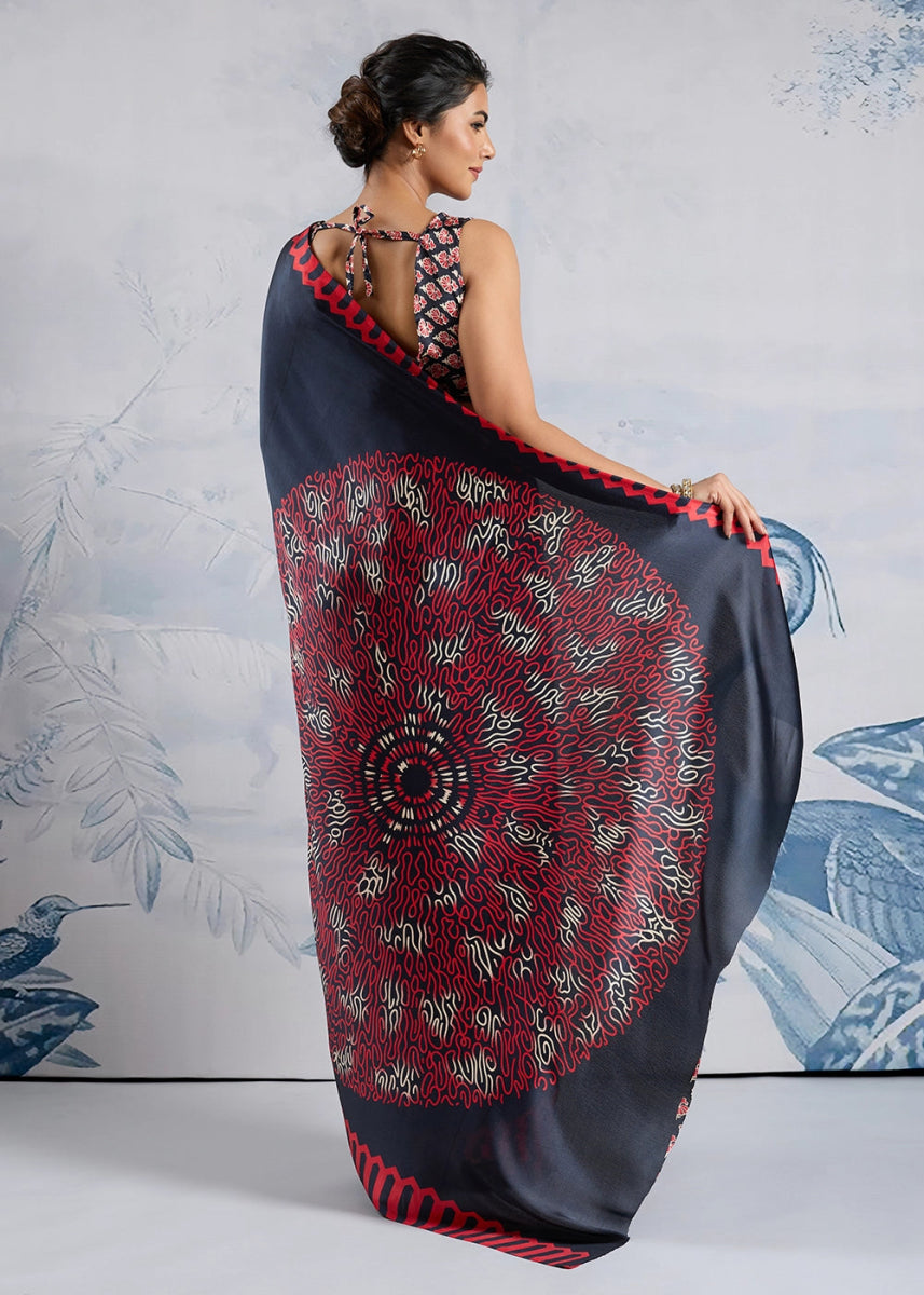 Liberty Blue Saree in Modal Satin with Classic Ajrakh Print - House of Sarvati LLC
