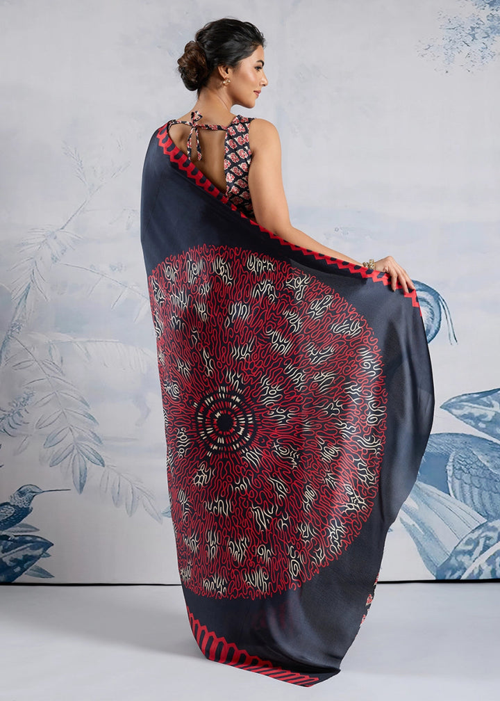 Liberty Blue Saree in Modal Satin with Classic Ajrakh Print - House of Sarvati LLC