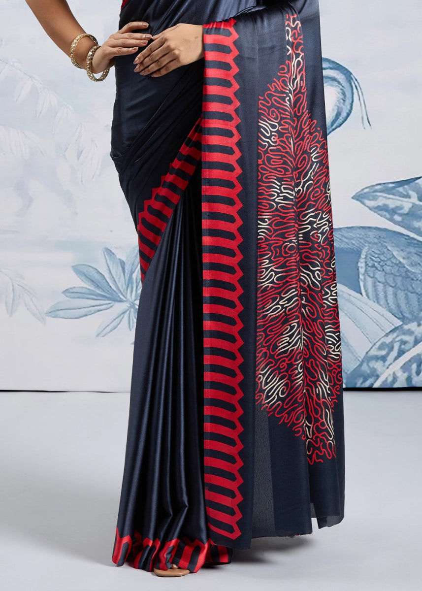 Liberty Blue Saree in Modal Satin with Classic Ajrakh Print - House of Sarvati LLC