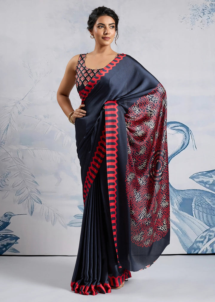 Liberty Blue Saree in Modal Satin with Classic Ajrakh Print - House of Sarvati LLC