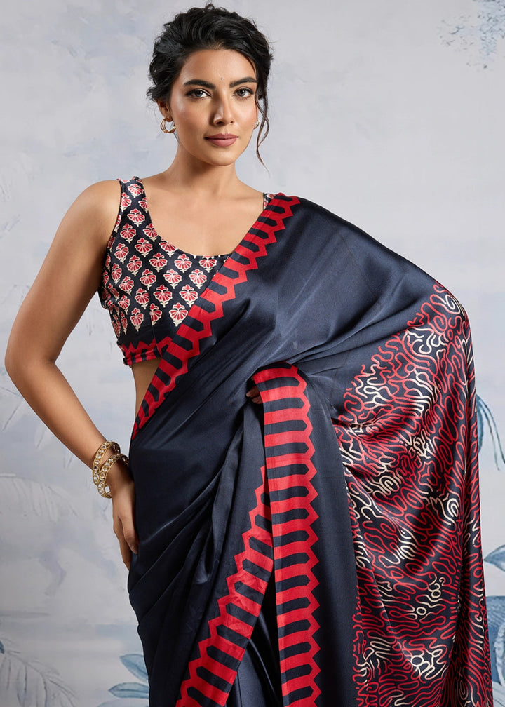 Liberty Blue Saree in Modal Satin with Classic Ajrakh Print - House of Sarvati LLC